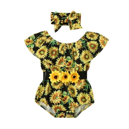 

Aayomet Headband Baby Outfits Romper Girls Floral Bodysuit Sunflower Set Girls Romper&Jumpsuit Baby Girl Clothes Yellow 0-6 Months