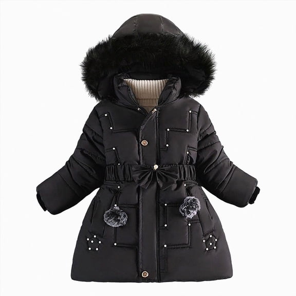 CAICJ98 Kid Girls Fleece Lining Coat with Belt Cute Pearl Dress Coat Winter Warm Collar Snow Puffer Jacket (Black,5-6 Years)