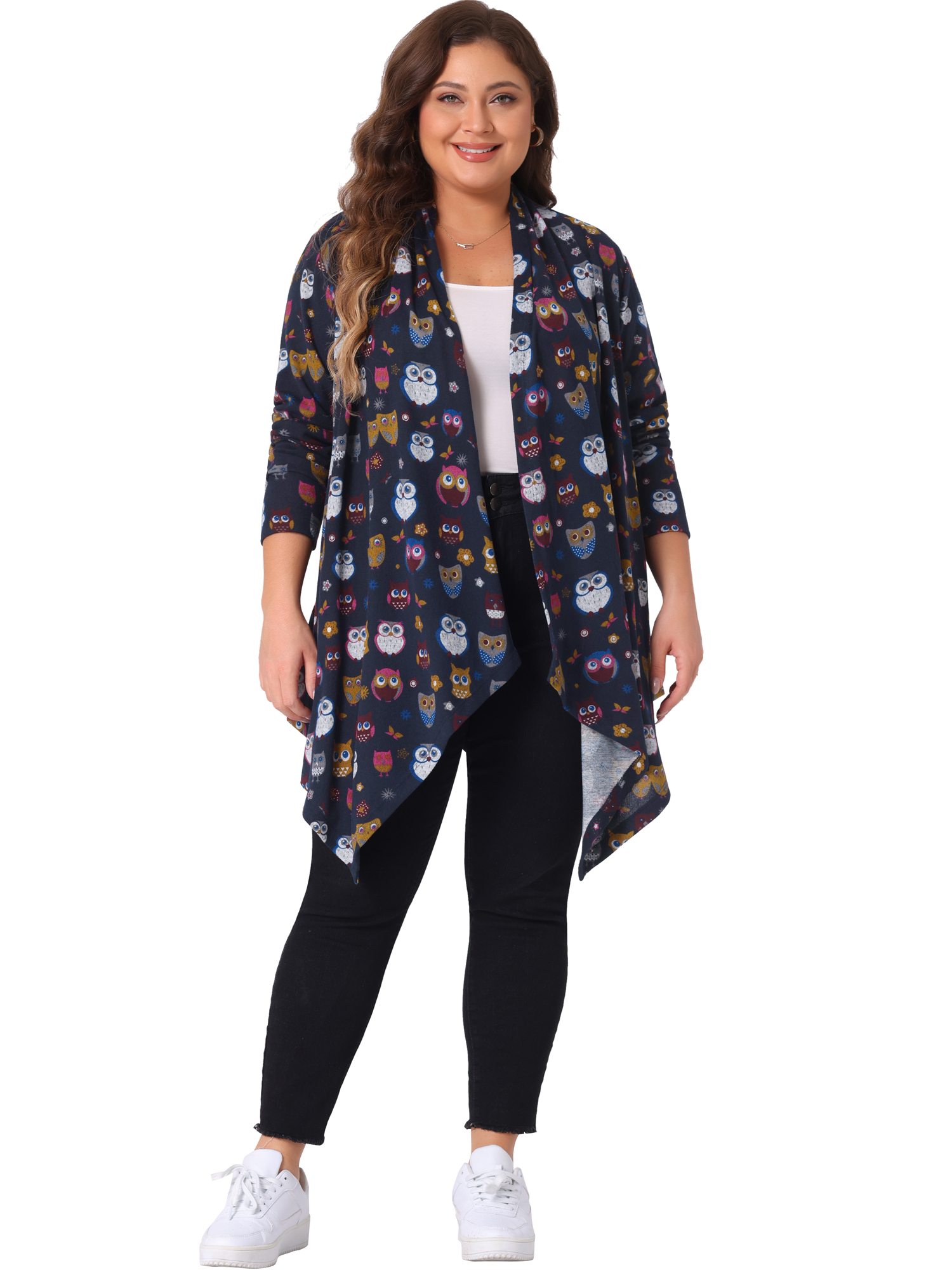DARING DIVA Plus Size Owl Flowy Print Loose Open Front Sweater 4X Navy Blue