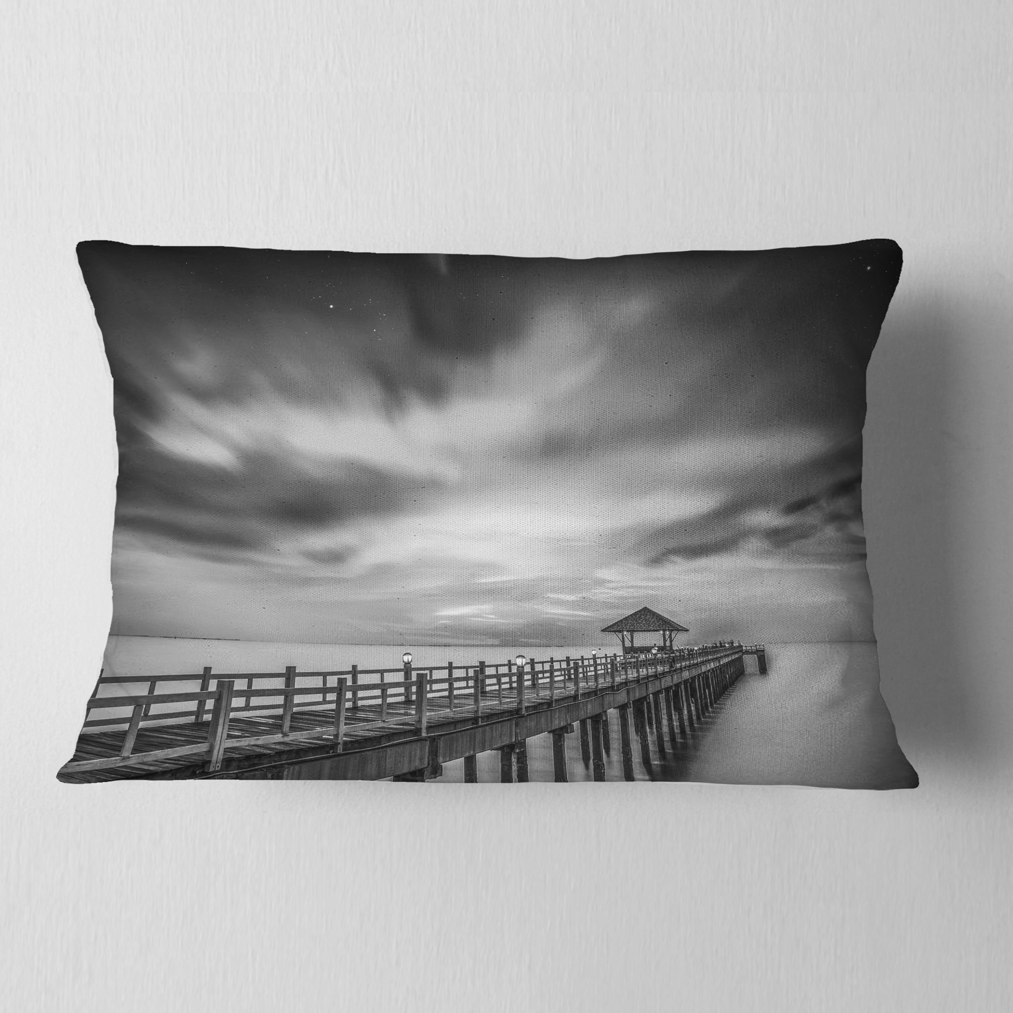 Designart Black and White Wooden Bridge and Sky - Pier Seascape Throw Pillow - 12x20