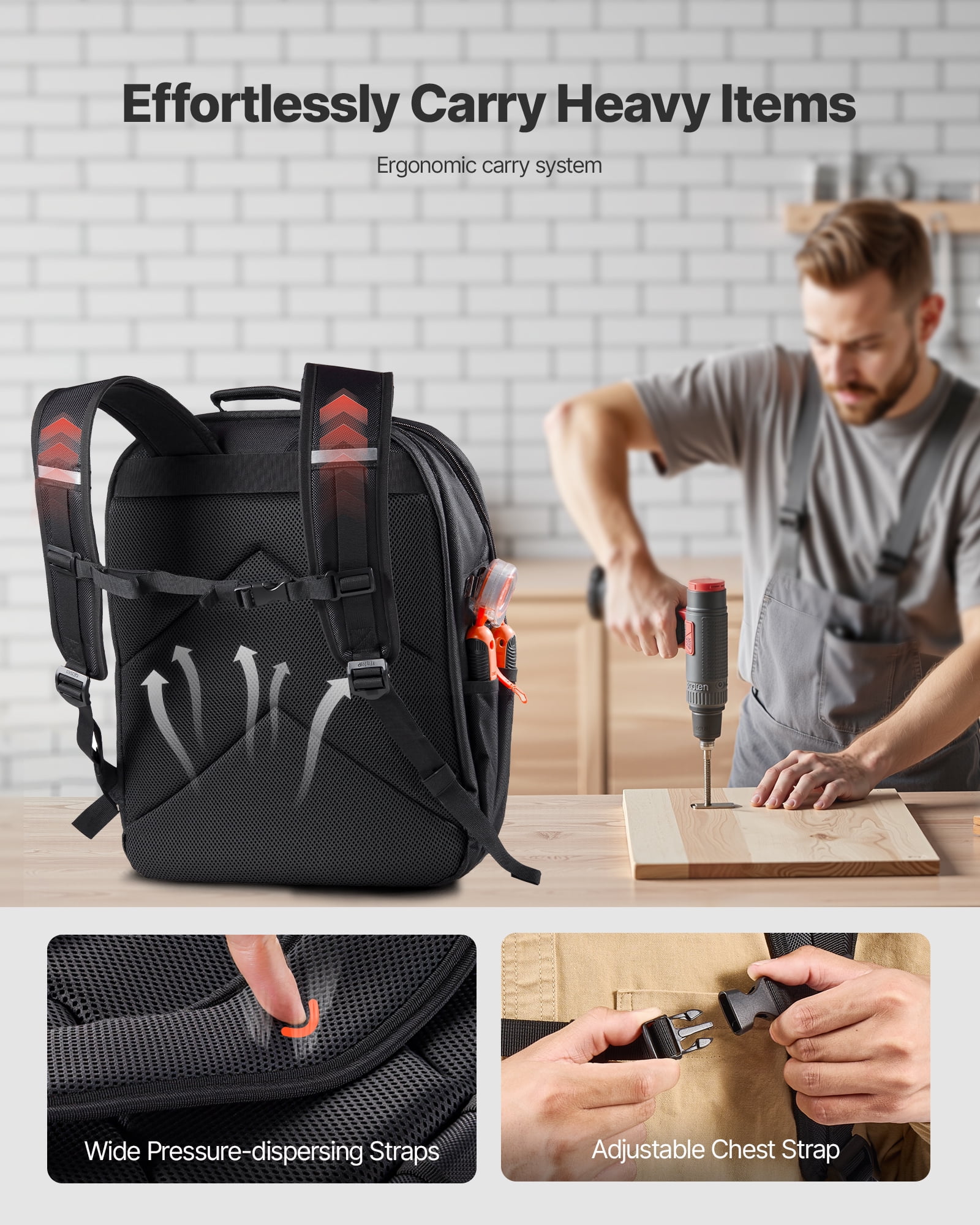 VEVOR Tool Backpack, 45 Pockets, Heavy-duty Tools Storage Organizer Work Bags with Laptop Compartment & Reinforced Fabric Basee, Electrician Jobsite Backpack for Electrician, Repairman
