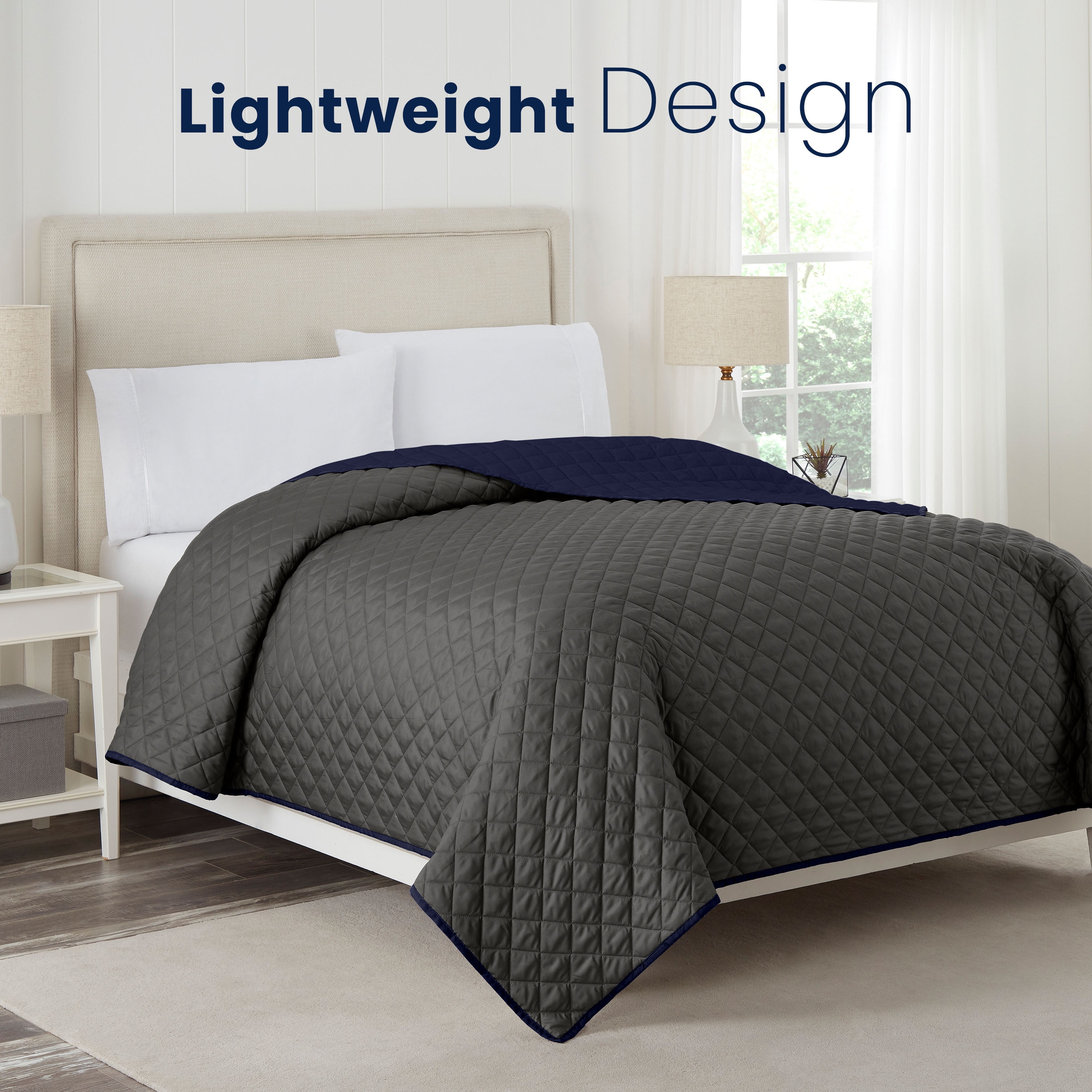 Martex Reversible Microfiber King Coverlet, Soft Lightweight Bedding, Graphite/Navy