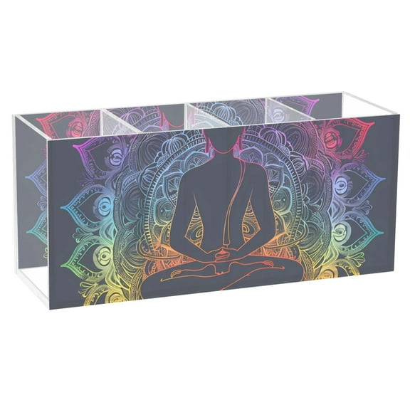 Buddhism Silhouette Acrylic Pencil Pen Holder Cup 4 Compartments Desktop Organiser 7.87"x2.78"x3.54"