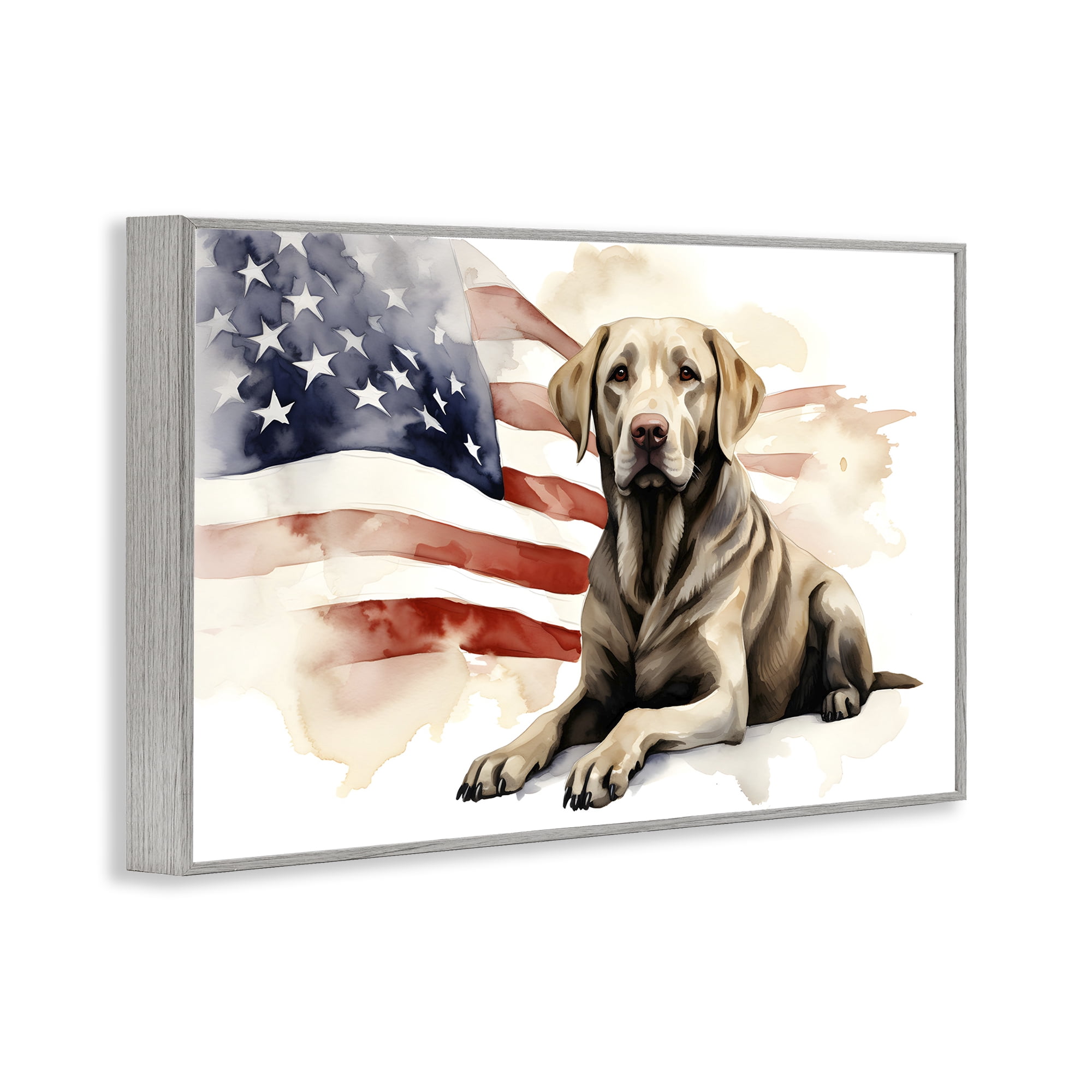 Stupell Industries Patriotic Dog with Flag Animals & Insects Painting Gray Framed Art Print Wall Art, 30 x 20