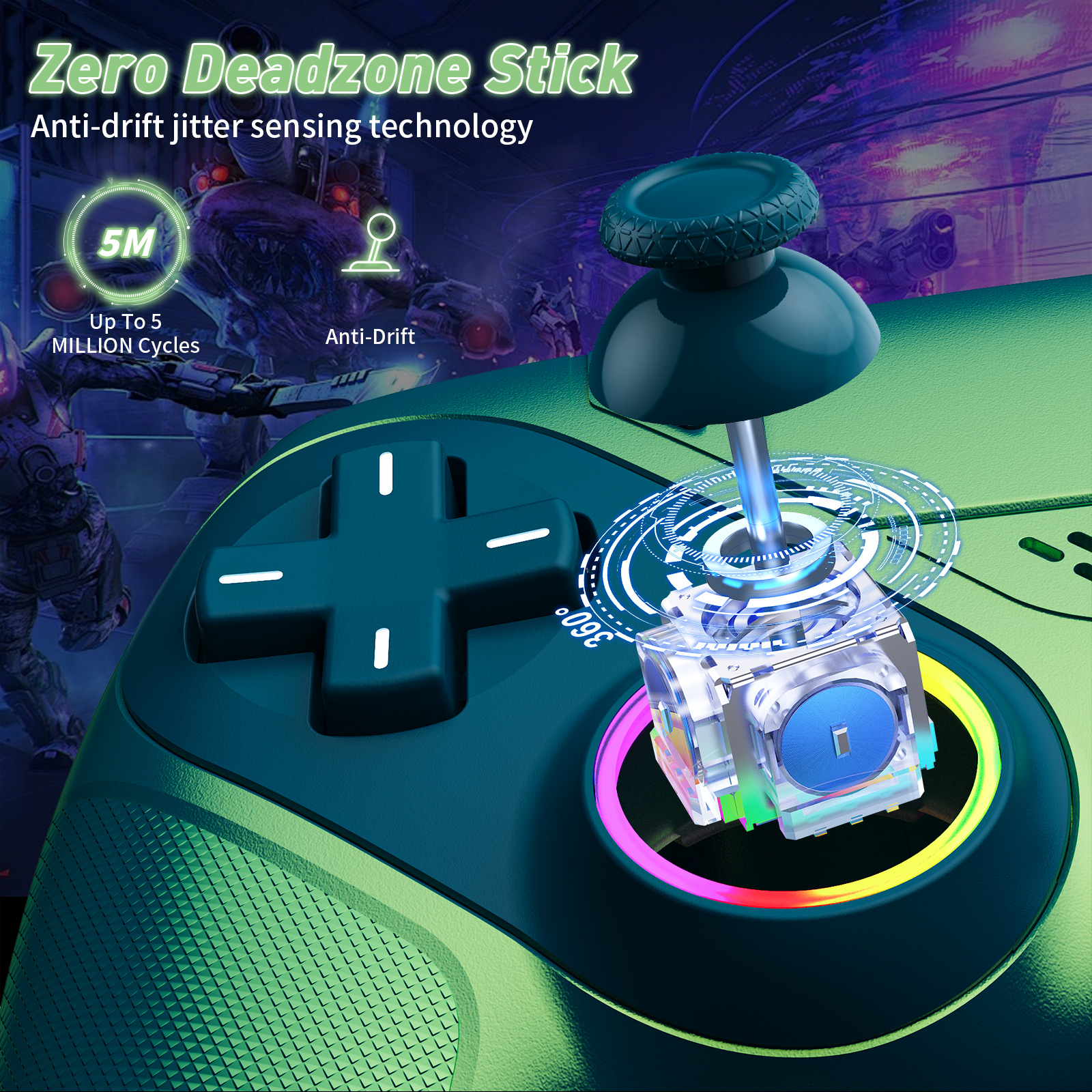Control inalámbrico LED para P5, compatible con P5 Pro/Slim/PC, doble vibración, función macro/turbo, conector de audio de 3.5mm, control de movimiento de 6 ejes con altavoz y RGB (verde azulado) 7