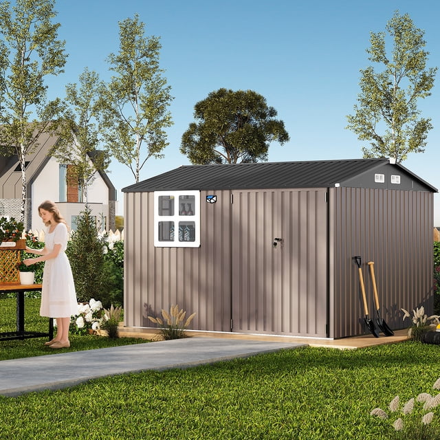 8x10 FT Outdoor Storage Shed, Metal Garden Tool Shed with Updated Frame Structure, Lockable Doors and Windows, Ideal for Backyard Garden Patio Lawn, Brown