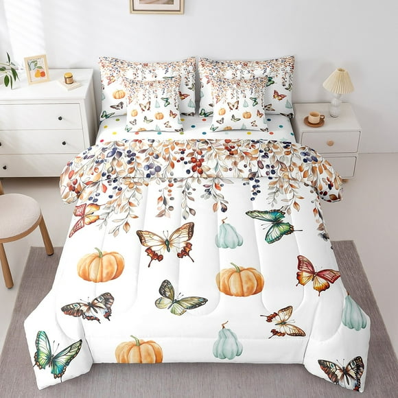 Twin Rainbow Butterfly Comforter Sets 7-Piece,Thanksgiving Pumpkin Bedding Set Bed in a Bag,Retro Autumn Leaves Bed Sheets Set,Fall Autumn Harvest Down Comforter with 2 Pillow Covers