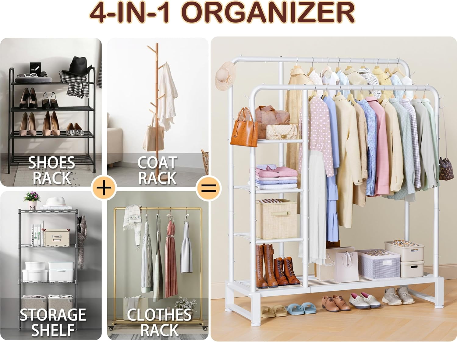 Double Rods Clothes Rack Clothing Rack with  Storage Shelves Clothes Rack for Hanging Clothes Multifunctional Heavy Duty Clothes Organizer with Hooks for Bedroom,Wardrobe Closet,Shop