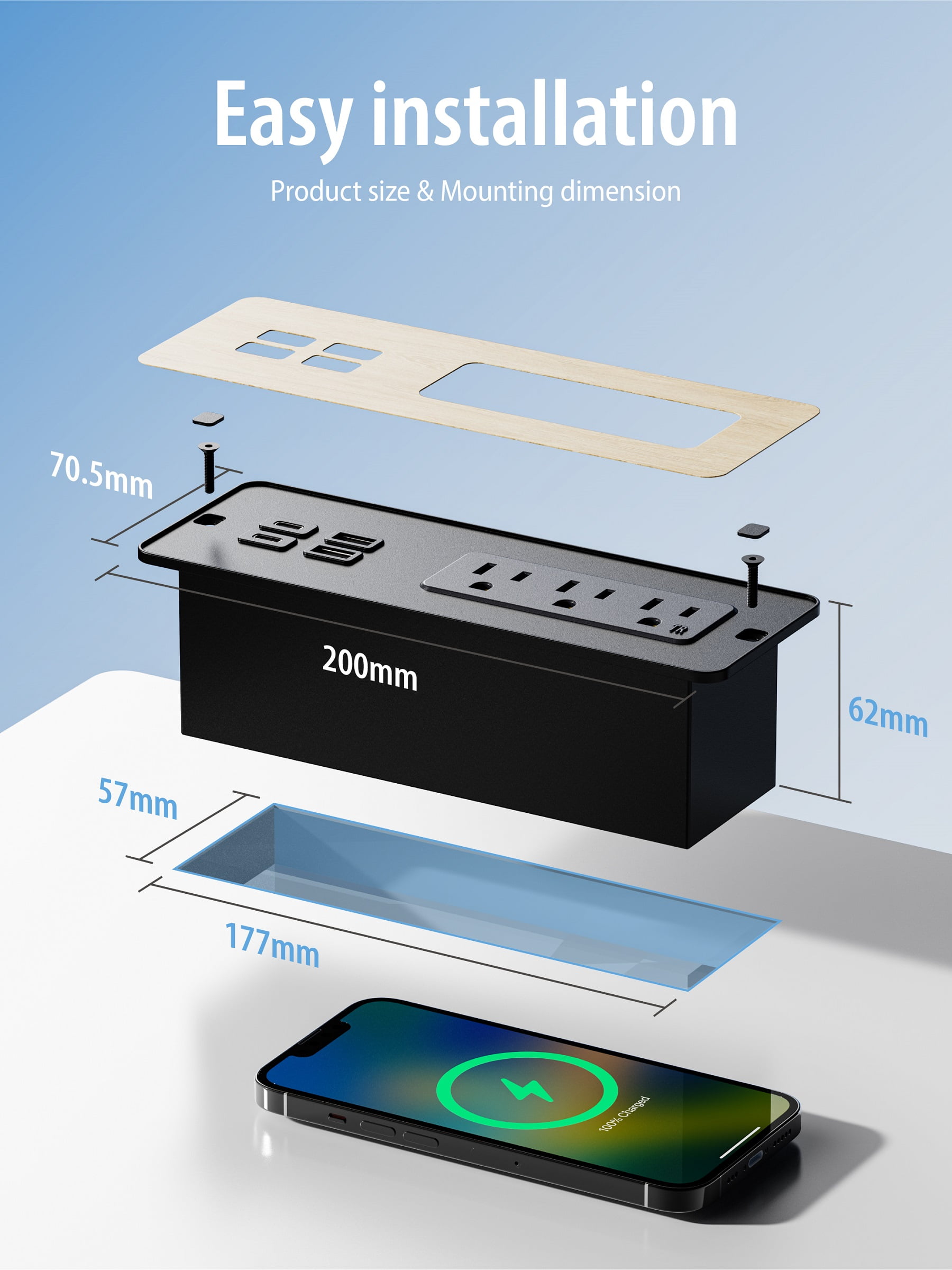 PD 65W Recessed Power Strips, Flush Mount Power Outlet with 2 USB-C Ports,Fast Charging Station ,Conference Surge Protector Recessed Outlets,6Ft Extension Cord,Office/Home Furniture Mountable