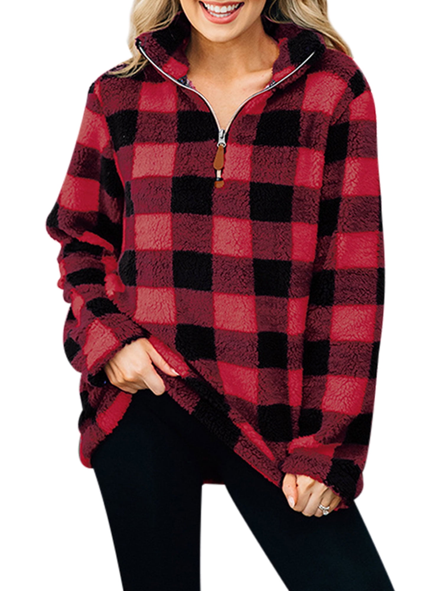 Women Zip Up Sweater Plaid Sweatshirt 