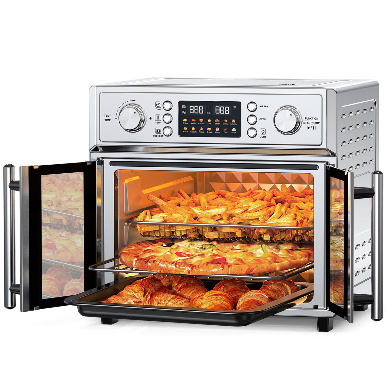 Plum Chef 27.5-Quart French Door Air Fryer Toaster Oven, 14-in-1 Combo Stainless Steel Countertop Oven with Digital Display & Dual Knobs, Silver