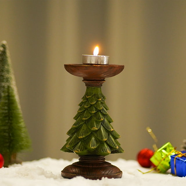 Candelabro de árbol de Navidad con base de madera, decoración de resina europea, centro de mesa creativo, soporte de vela artesanal ecológico, adorno festivo para el hogar, portavelas de resina