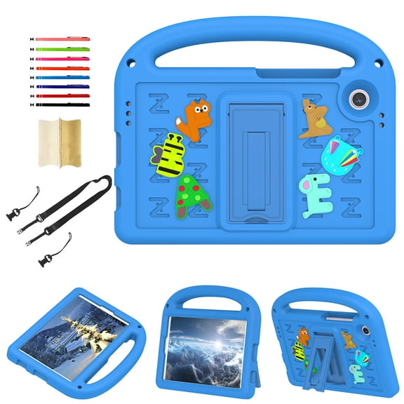 for Samsung Galaxy Tab A9 8.7" 2023 SM-X110/SM-X115 Silicone Kids Shockproof Cute Case with Handle, Multiple Angles Stand Rugged Cover with Removable Shoulder Strap for Tab A9 2023, Blue