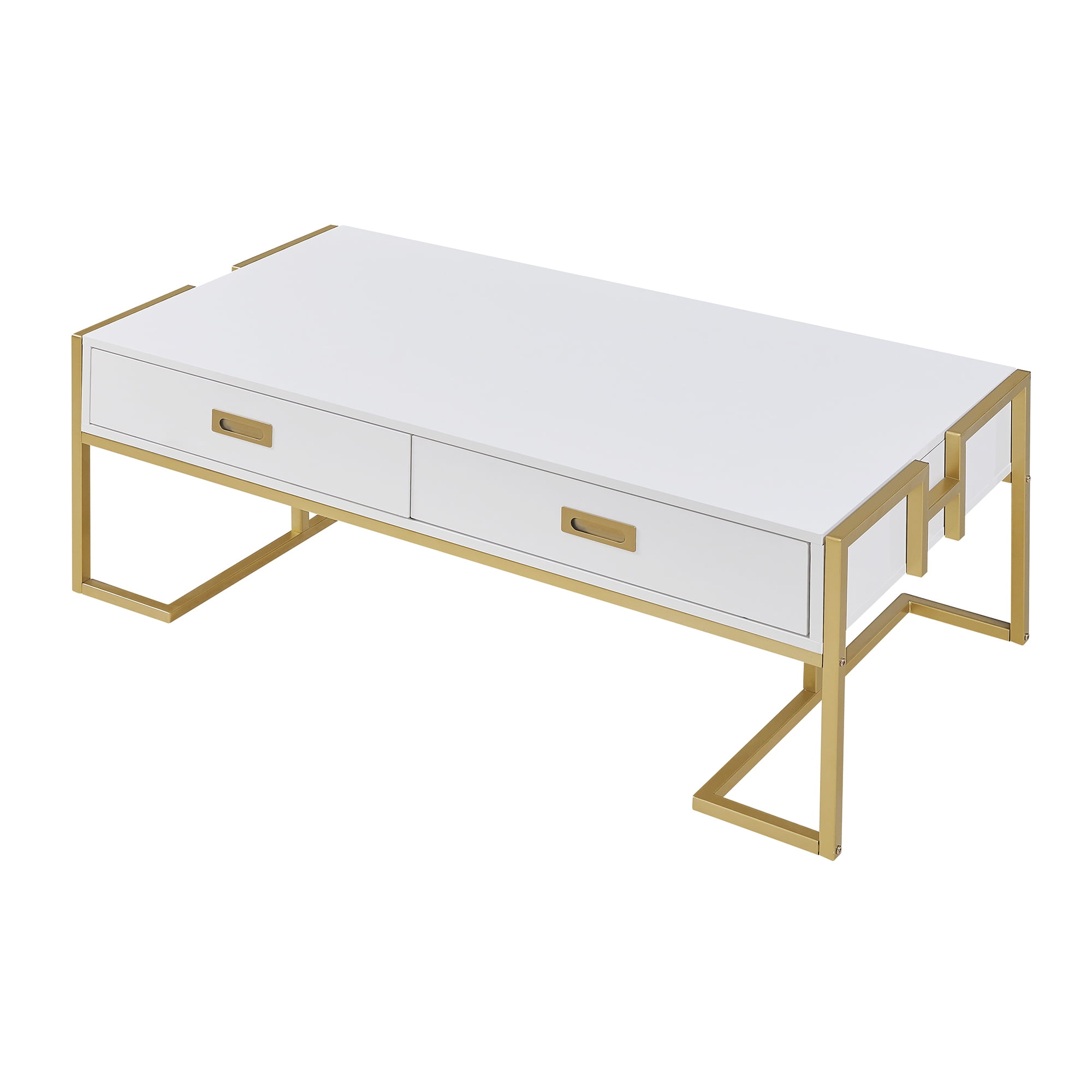 Euroco Modern White Rectangular Coffee Table with 4 Drawers and Gold Base in 47.3"