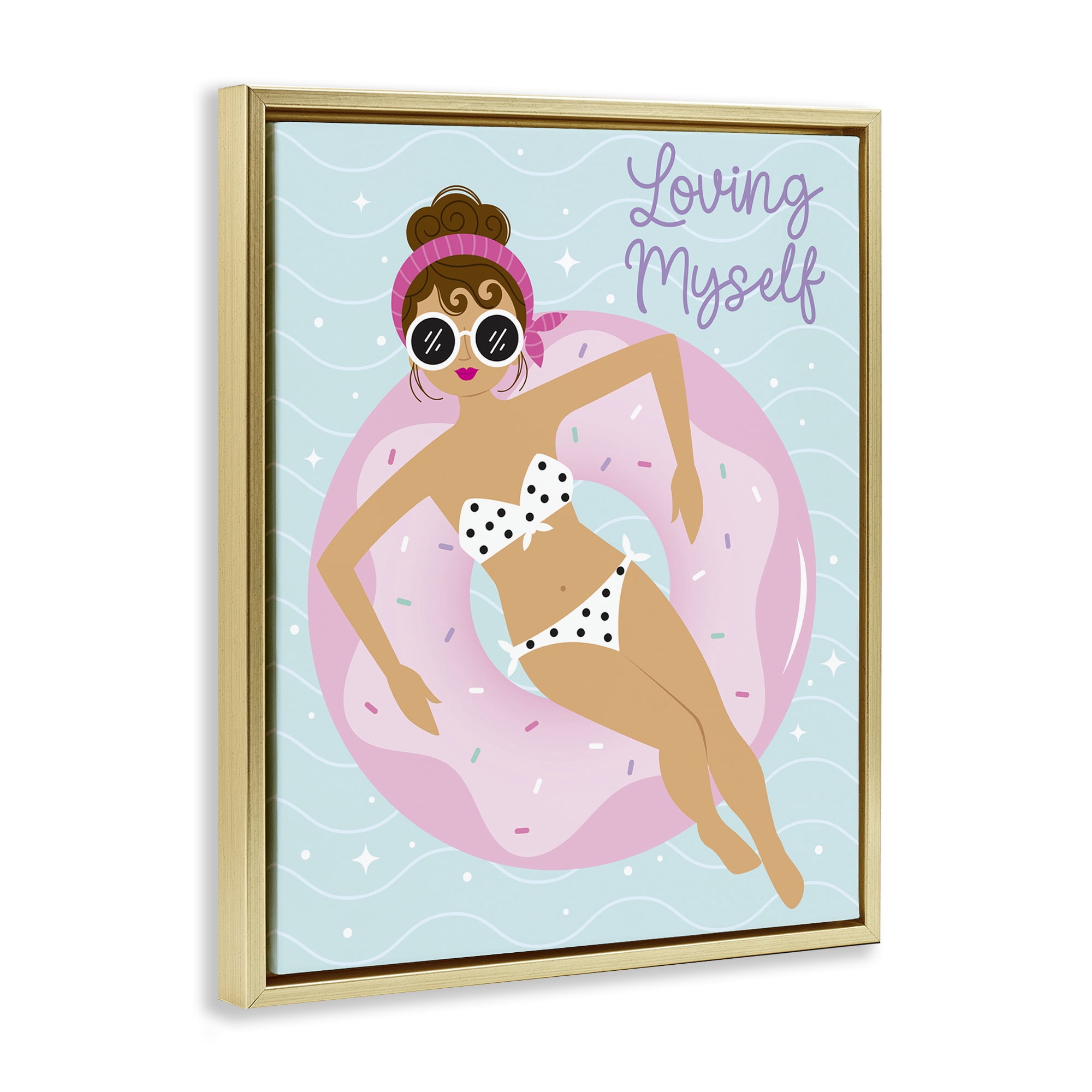 Stupell Industries Loving Myself Girl in Pool People Painting Gold Floater Framed Canvas Art Print Wall Art, 25 x 31