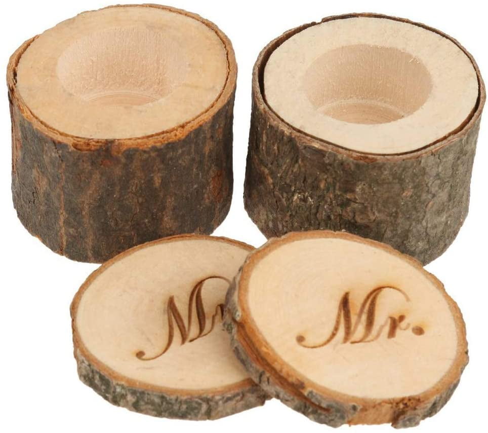 2pcs Custom Wooden Ring Box Rustic Wedding Ring Holder Bearer Set w/MRS,MR 