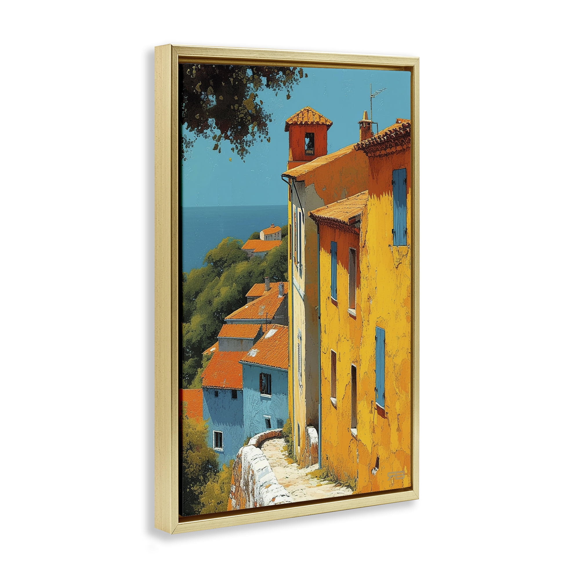 Stupell Industries Tall Buildings by Sea Buildings & Architecture Painting Gold Floater Framed Canvas Art Print Wall Art, 17 x 25