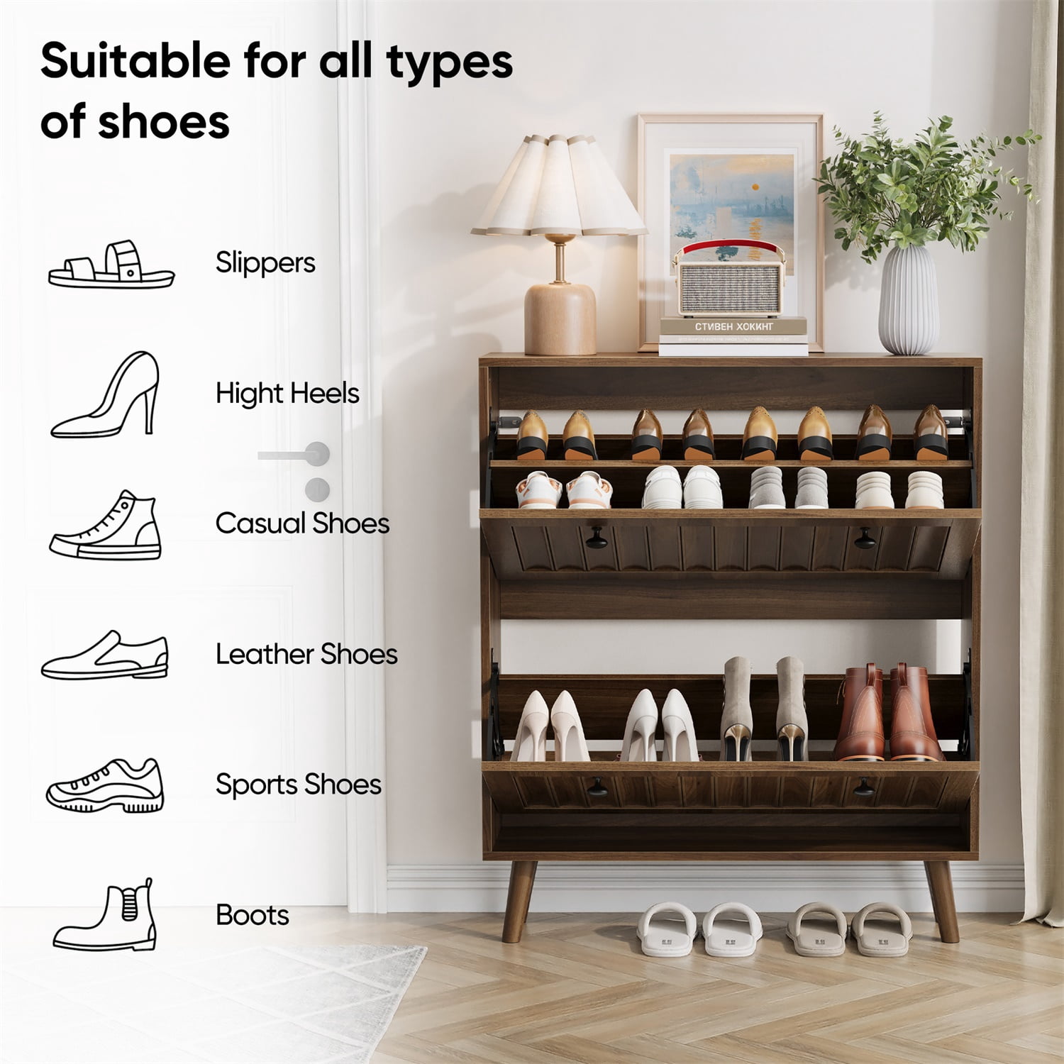 Hommoo Modern 2 Flip Drawers 31.5" Shoe Cabinet with Vertical Grooved Finish and Solid Wood Legs, Storage Shoe Cabinet for Hallways, Walnut