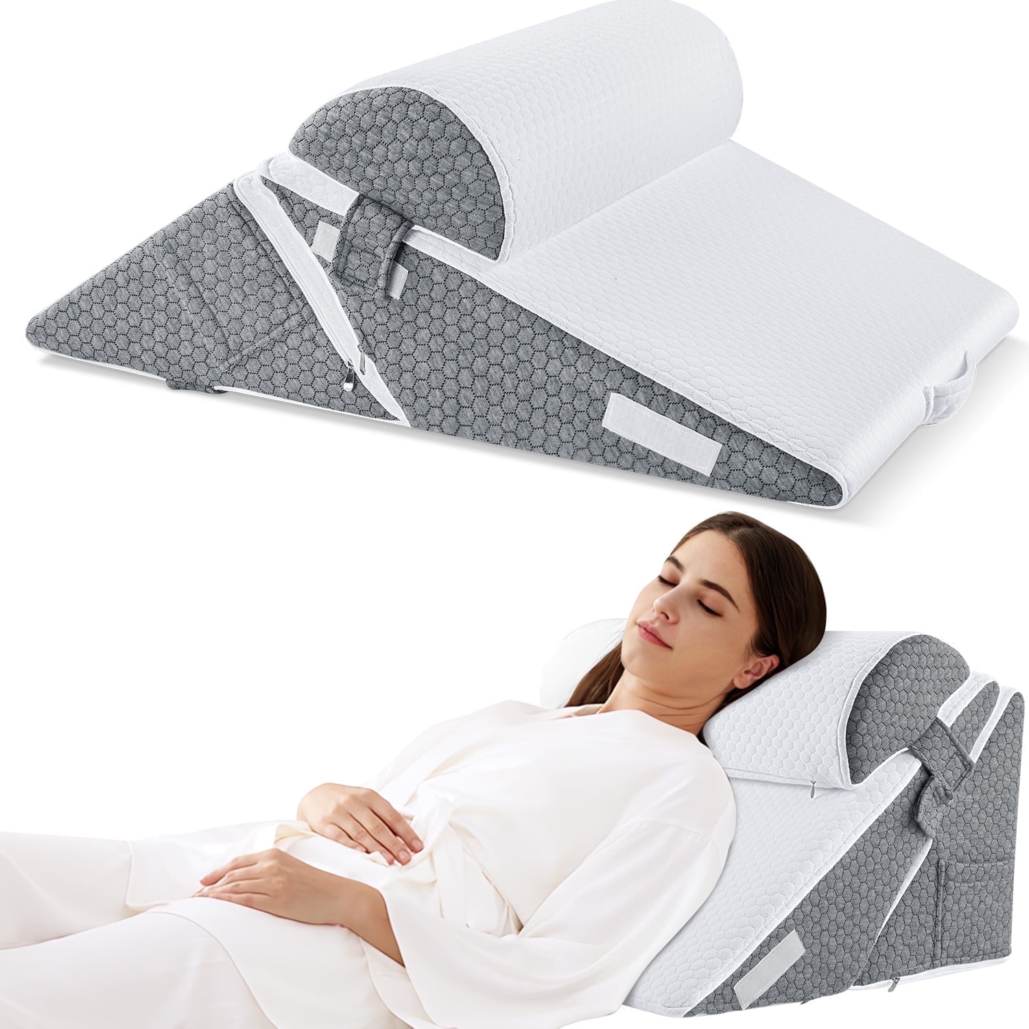 MOONORAH Wedge Pillow for Sleep Apnea, Adjustable Wedge Pillow Headboard, Bed Wedge Pillow for Acid Reflux and Back Pain Relief, Pillow Wedge for Sleeping with Neck Support Pillow, White & Grey