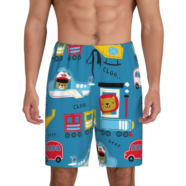 Balery Transportations With Cute Animals Pantalones cortos de pijama de punto de algodón para hombre con cinturilla y bolsillos-4X-Large