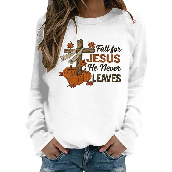 Arlun Womens Sweatshirts Jesus Faith Bible Verse Cute Cross Pumpkin Graphic Printed Sweatshirt Christian Long Sleeve Crewneck Trendy Religious Pullovers Tops White XL
