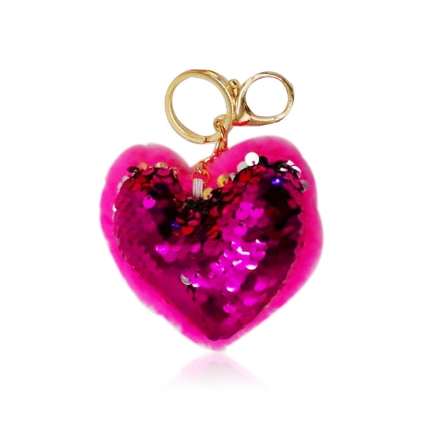 Llavero de corazón Bearachild para niñas colgante de lentejuelas de felpa Rosa roja