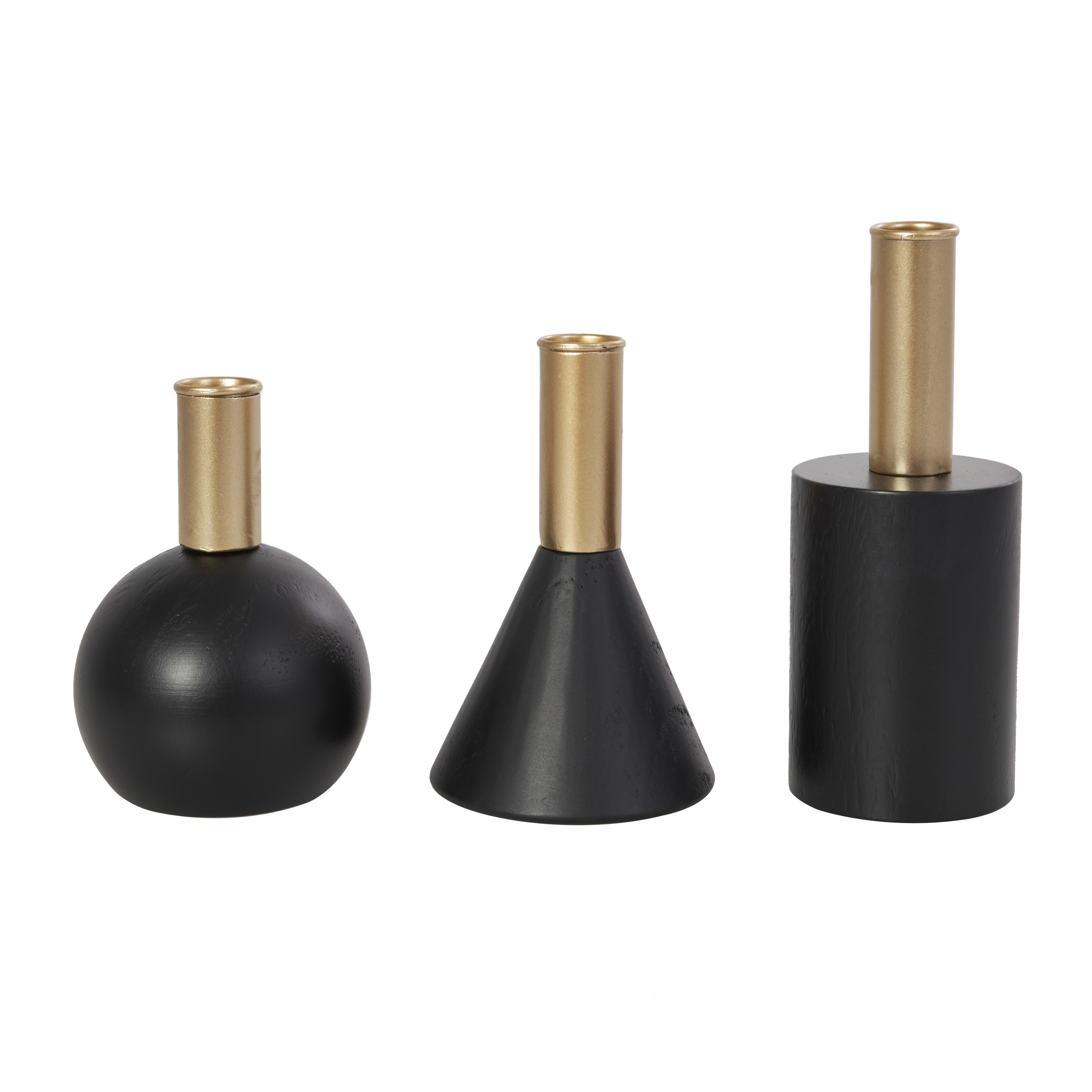DecMode 3 Candle Black Wood Geometric Candle Holder with Varying Shapes and Gold Accents, Set of 3