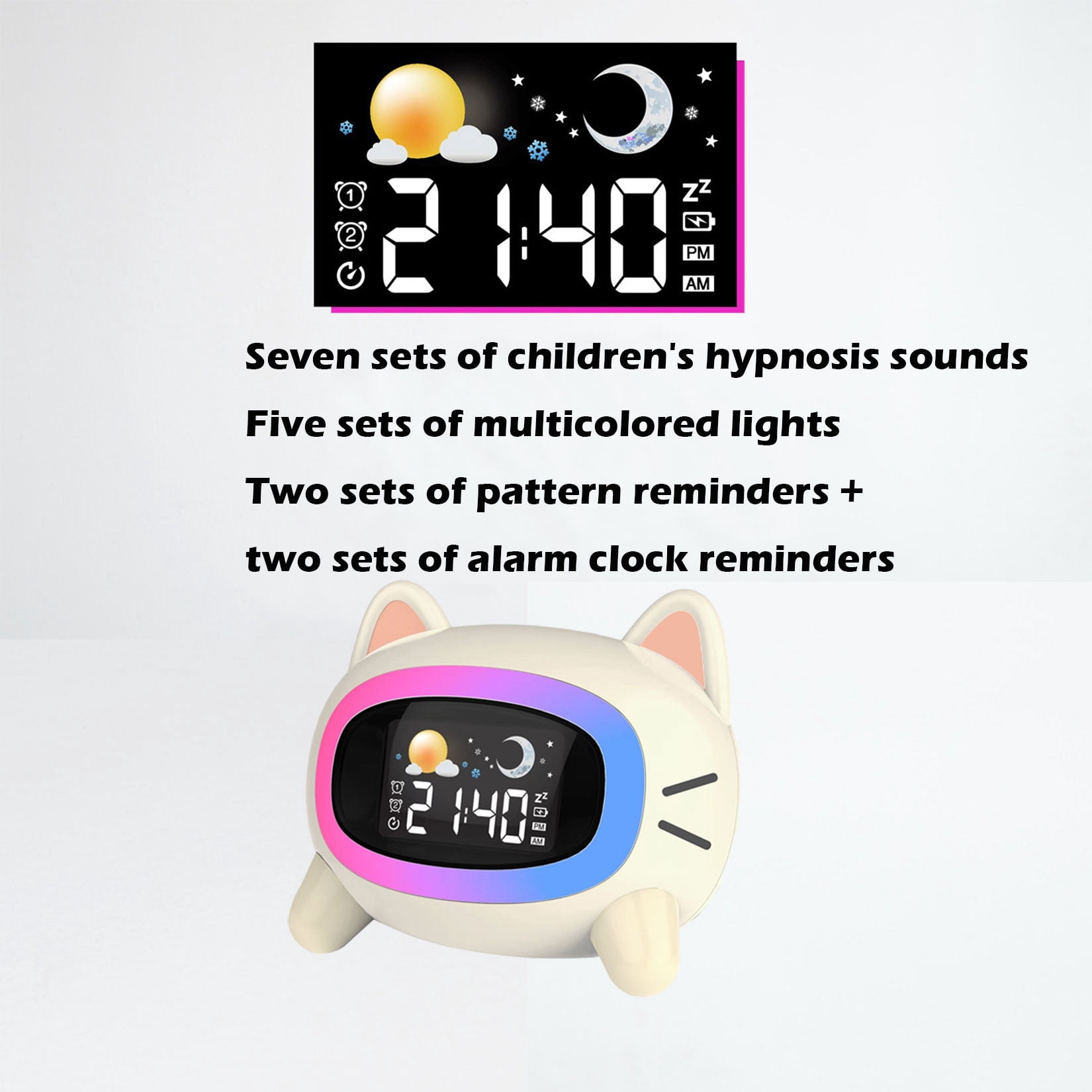 Teen Bedroom Digital Alarm Clock with Night Light - Cat Shaped Alarm Clock with Seven Night Lights, Five Soothing Sounds, Auto-Off Timer, Cream White(One Pcs)