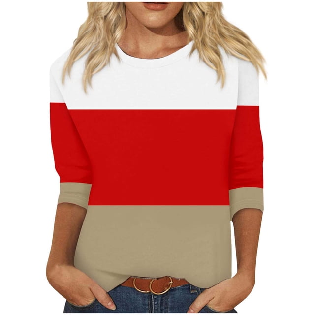 Timegard Womens Tops Crewneck 3/4 Sleeve Color Block Comfy Tee Shirts Fall Casual Loose Tops Blouse