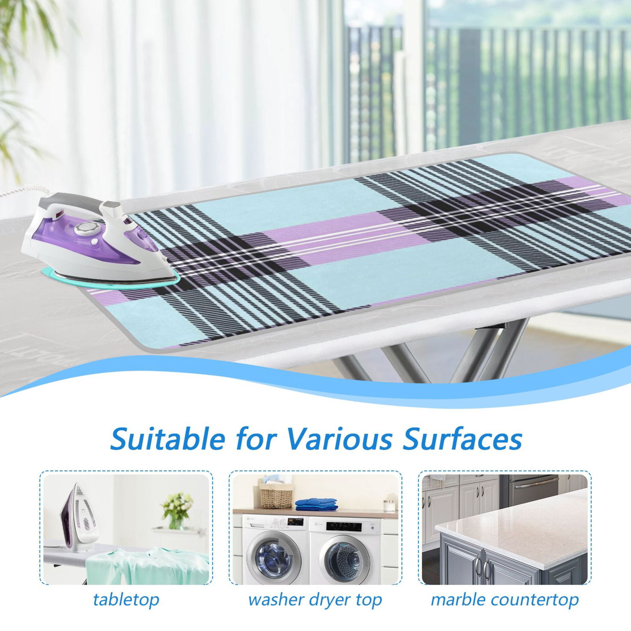 Plaids in Purple Black Green Ironing Mat Blanket Portable Travel Ironing Pad Heat Resistant Pad 47.2" x 27.6”