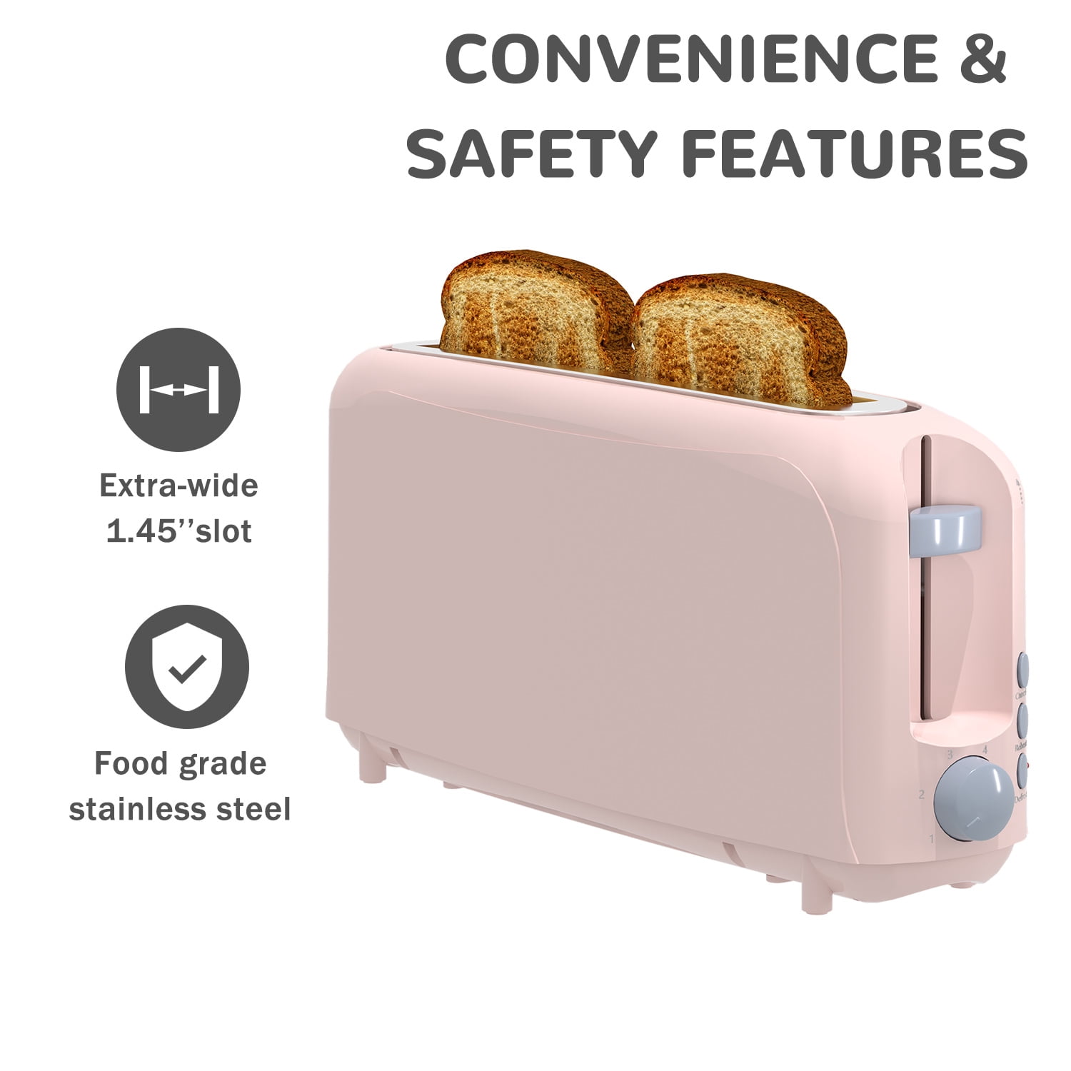 Slim 2-Slice Toaster, 10" Long Slot,6 Shade Settings with Cancel, Reheat & Defrost, Auto Shut off, Removable Crumb Tray，Pink
