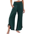thumbnail image 2 of Linen Palazzo Pants for Women Spring Summer Smocked High Waist Wide Leg Asymmetric Ruffle Hem Flowy Beach Pants with Pockets, 2 of 6