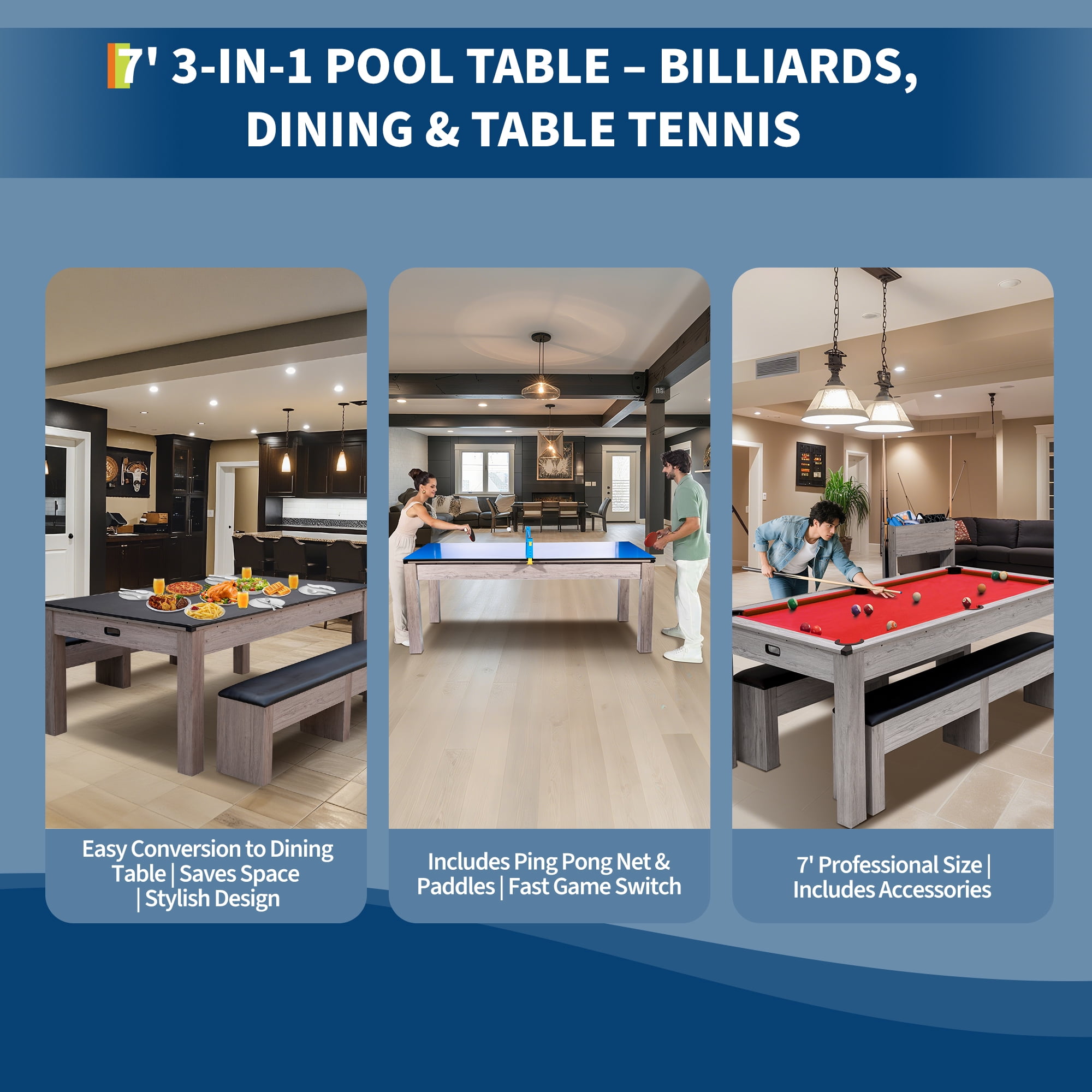 7FT 3-in-1 Pool Table with Dining Top & Table Tennis, Multi Game Billiard Table Set with HDF Wood Grain Finish, Includes Cues, Balls, Ping Pong Paddles and Rolling Storage Caddy