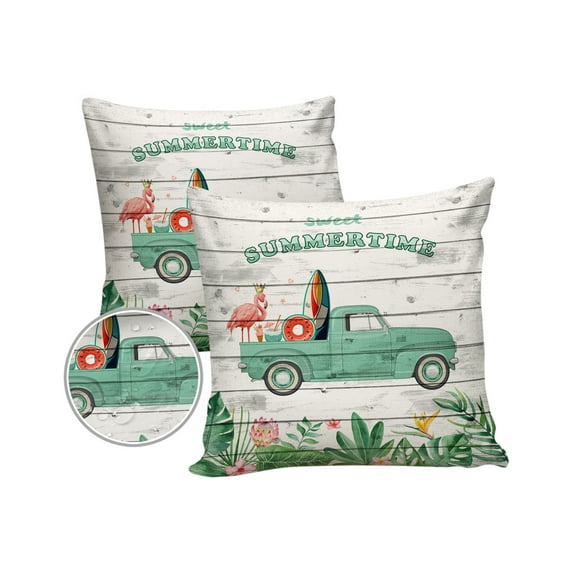 Pack of 2 Outdoor Pillow Covers, Sweet Summer Flamingo Plam Tree Waterproof Square Throw Pillowcase Cushion Decorative Pillow Covers for Couch Patio Tent, 16x16 in