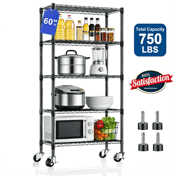 5-Tier Heavy Duty Steel Wire Shelving Unit Adjustable Storage Shelves Metal Shelving Organizer for Kitchen, Bathroom, Garage, 14"D x 30"W x 60"H Wire Rack, Black