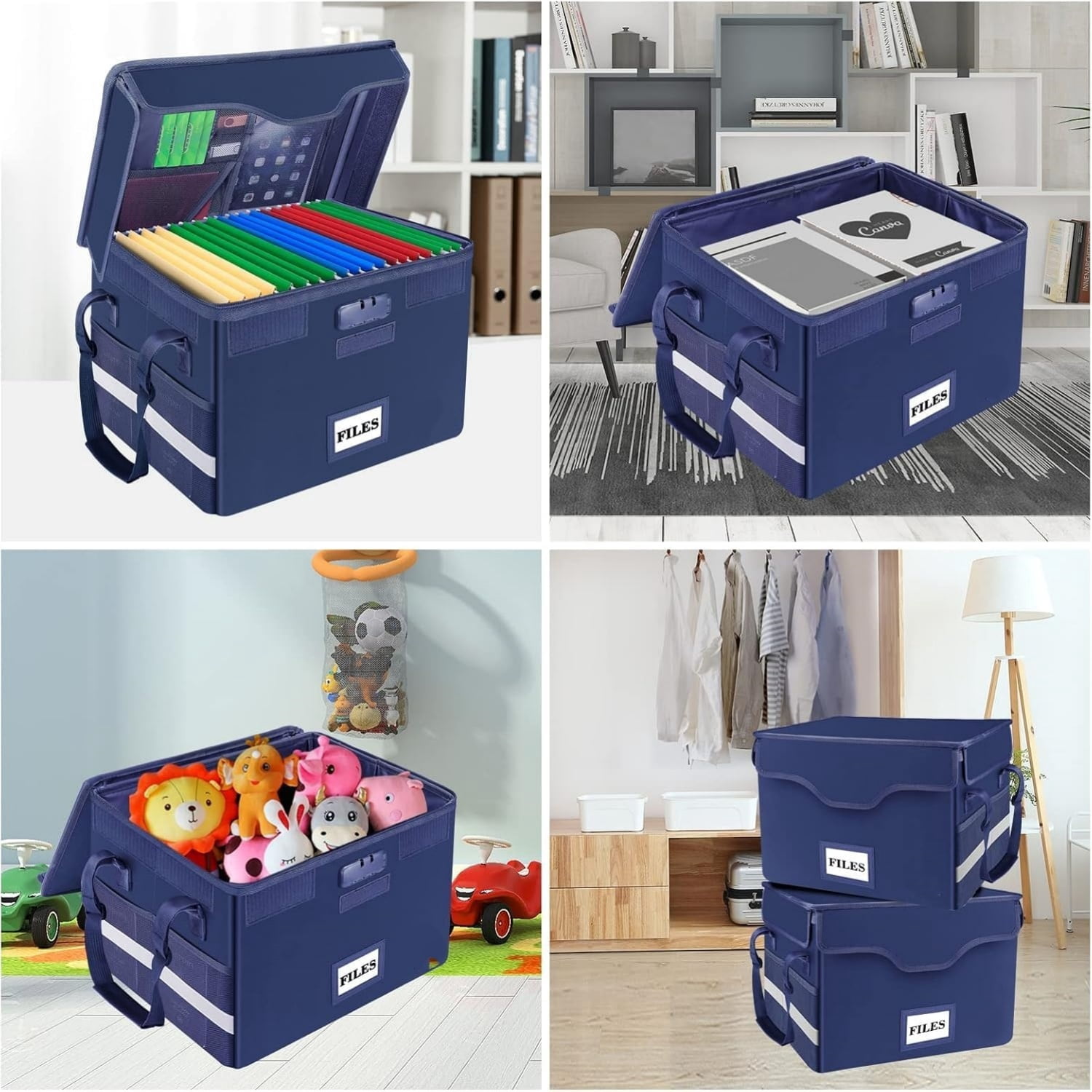 Fireproof Document Box with Lock, File Storage Organizer with Mesh Pockets, Collapsible Portable File Box Home Office Safe Filing Cabinet with Handle for Hanging Letter/Legal Folder, Blue