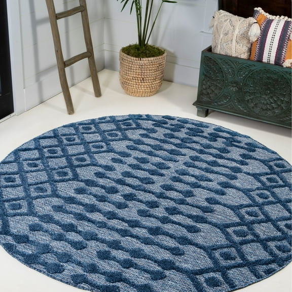 JONATHAN Y IBIZA 5' Round Area Rug, Peralta Moroccan Diamond - Navy, IBZ103B-5R