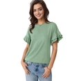 thumbnail image 3 of Hauts à Manches Courtes pour Femmes T-Shirts d'Été Décontractés à Volants Col Ras du Cou Blouse Mode Vert Haricot L, 3 of 9
