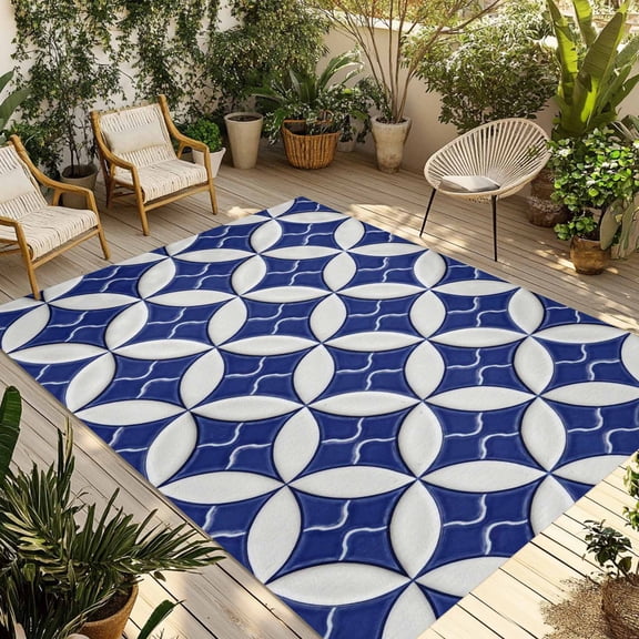 Retro Rhombus Outdoor Rug for Patio/Deck/Porch, Non-Slip Large Area Rug 6 x 9 Ft, Morocco Abstract Geometric Art Navy Blue Indoor Outdoor Rugs Washable Area Rugs, Reversible Camping Rug Carpet Runner