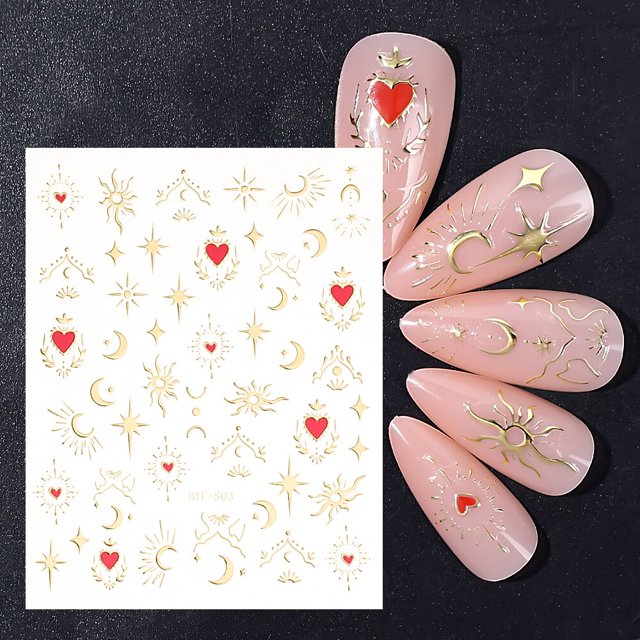 Pegatinas de Luna en relieve para uñas, accesorios de decoración de uñas con diseño de corazón estrellado geométrico, Estrella de oro y plata Gao Jinjia LED