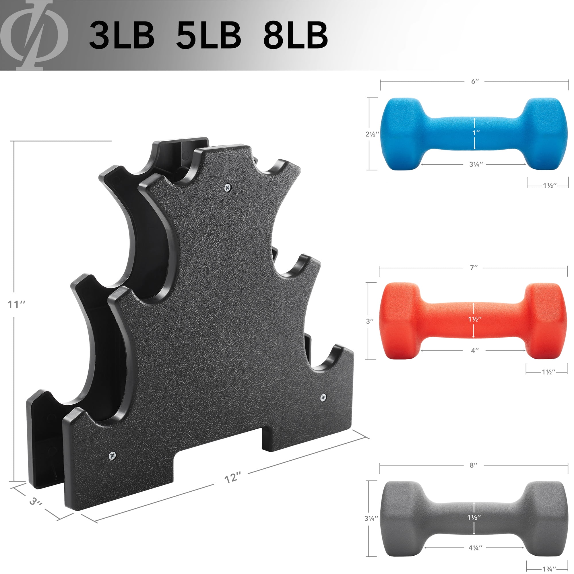 Philosophy Gym Neoprene Dumbbell Hand Weights with Stand, 32 lbs (3 lb, 5 lb, 8 lb Pairs)