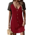 thumbnail image 4 of HUBERY Women Contrast Color Lace Raglan Sleeve Button V Neck Mini Dress, 4 of 7