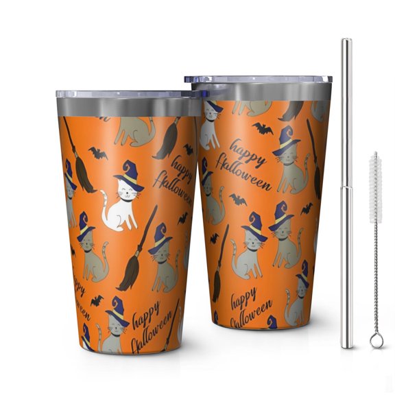 16oz Tumblers Halloween Cats and Brooms Pattern Stainless Steel Vacuum Insulated Double Wall Travel Tumbler Cups Mug with Lid and Straw,Cleaning Brush for Coffee,Tea