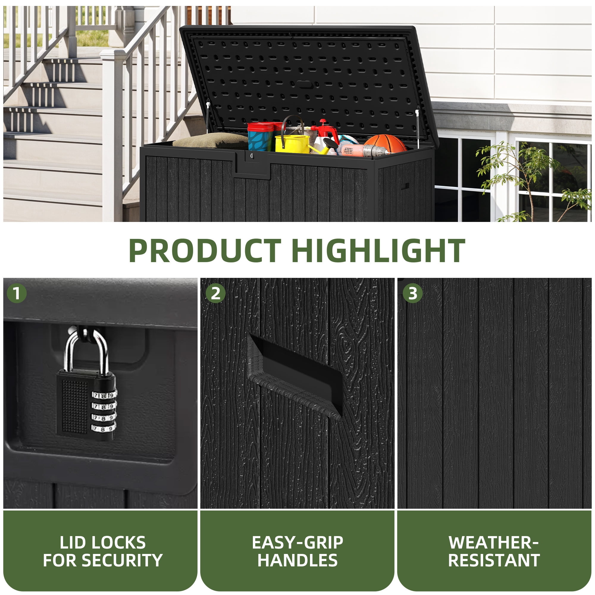 Uforic XXL 230 Gallon Large Deck Box, Outdoor Storage for Patio Cushions, Garden Tools, Flexible Divider, Waterproof, Lockable, Black