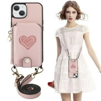 ELEHOLD Crossbody Wallet Case for iPhone 14 Plus with Card Holder, Zipper Card Slot Shockproof Purse Cover with Removable Lanyard 6.7 Inch,Pink