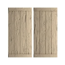 Ekena Millwork 22"W x 36"H Rustic Four Board Joined Board-n-Batten Hand Hewn Faux Wood Shutters w/End Batten (Per Pair), Primed Tan