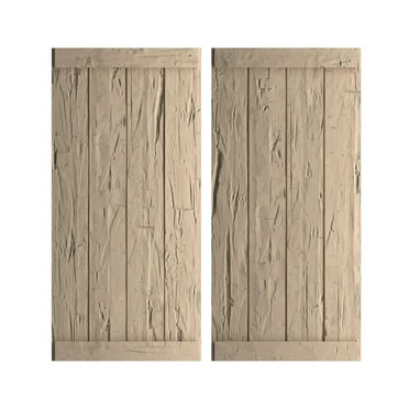 Ekena Millwork 22"W x 44"H Rustic Four Board Joined Board-n-Batten Hand Hewn Faux Wood Shutters w/End Batten (Per Pair), Primed Tan