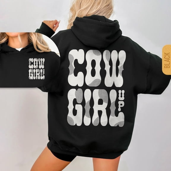 Cowgirl Up Hoodie, Western Retro Hoody for Women, Cute Country Style Hoodie, Wild West Graphic Pullover Gift for Her Black