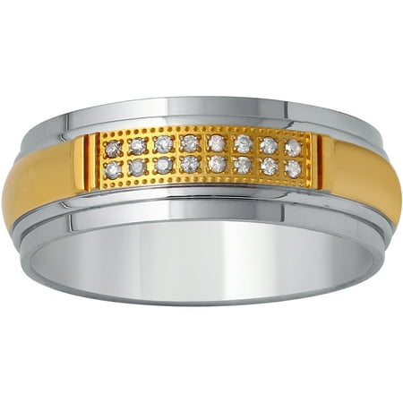 Men's Stainless Steel 8MM Diamond Accent Two-Tone Wedding Band - Mens Ring