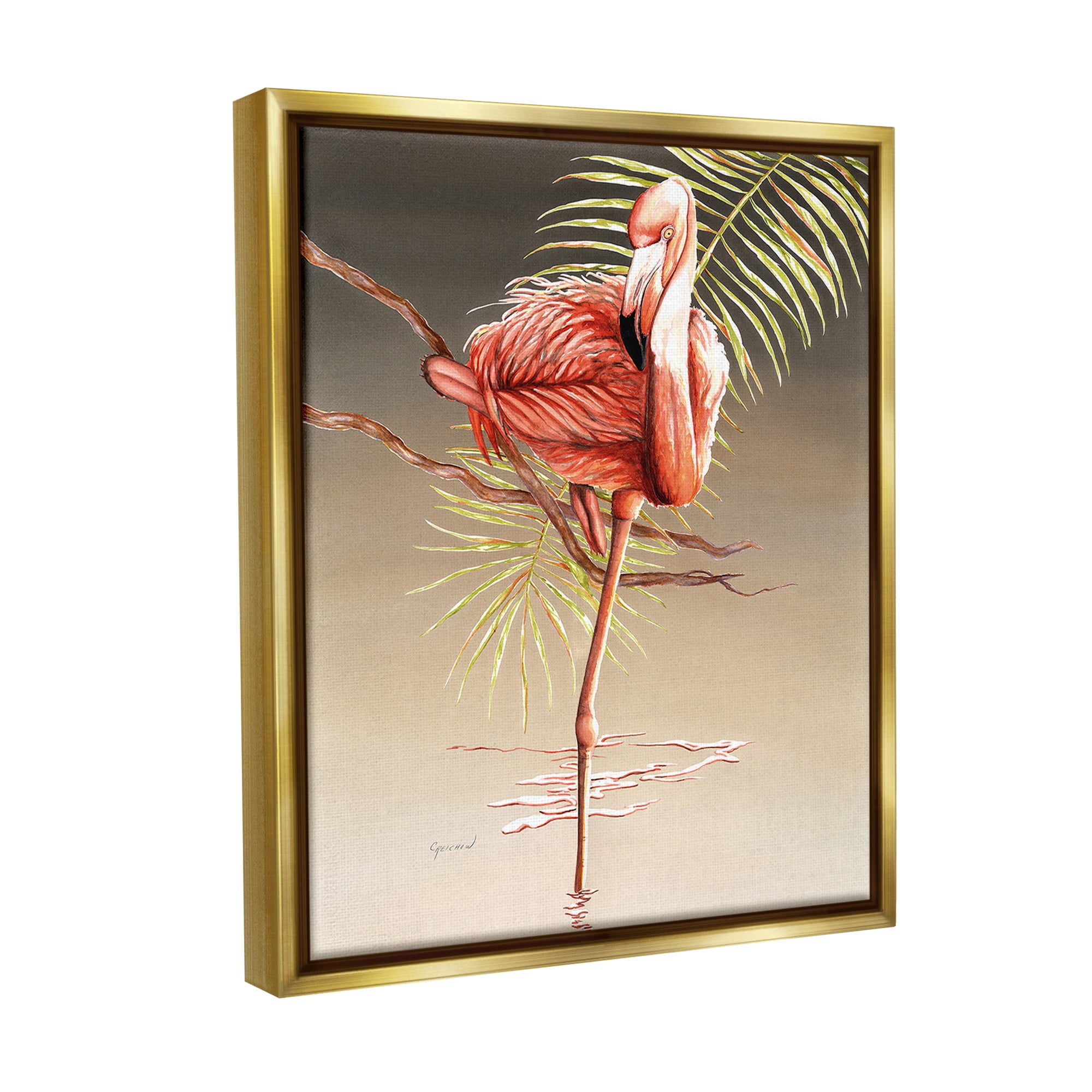 Stupell Industries Flamingo Balancing with Leaf Animals & Insects Painting Gold Floater Framed Canvas Art Print Wall Art, 25 x 31